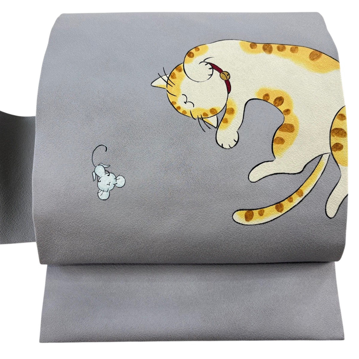 名古屋帯 逸品 猫とねずみ 足跡 金彩 灰色 正絹 【中古】