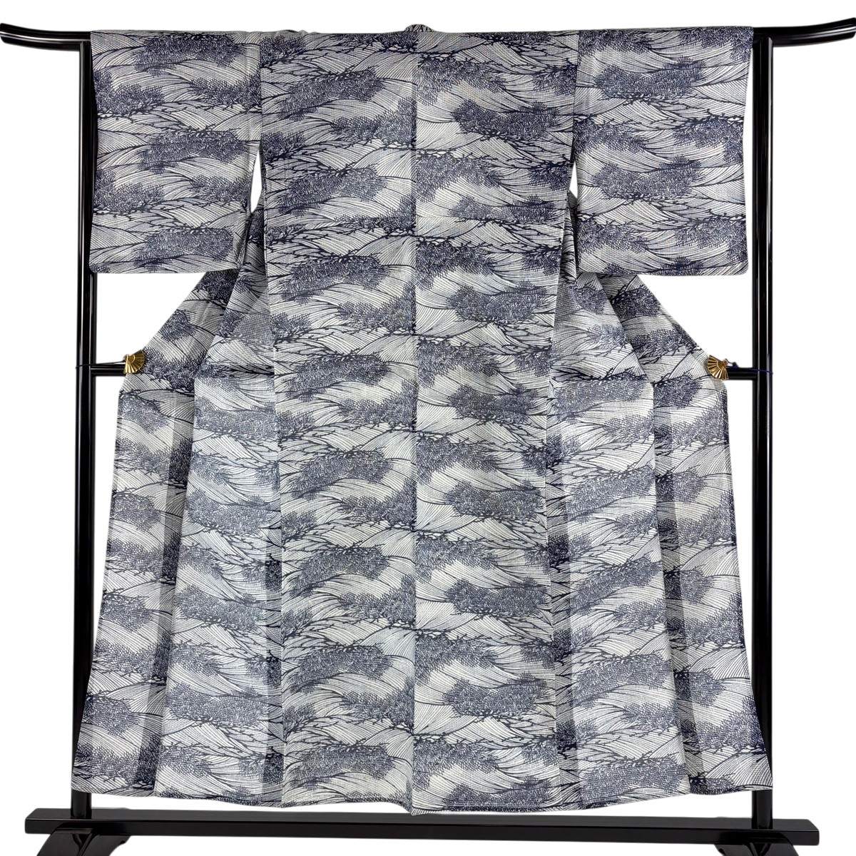 小紋 身丈153cm 裄丈63.5cm S 薄物 絹紅梅 松 波 青灰色 正絹 秀品 【中古】
