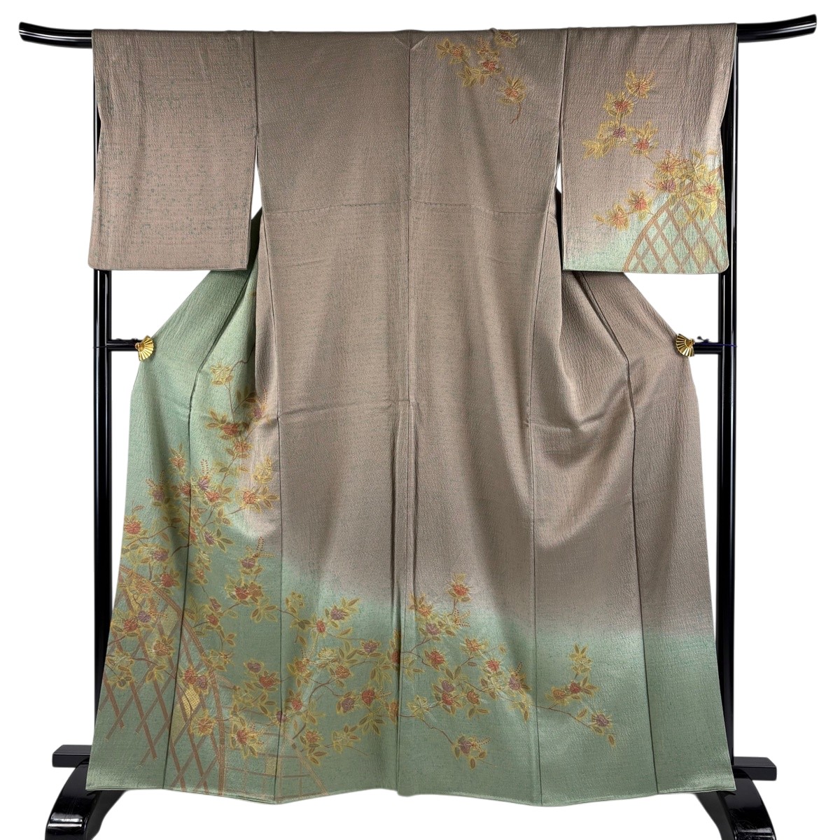 訪問着 身丈163.5cm 裄丈67cm M 袷 籬 橘 金彩 絞り 灰緑 正絹 秀品 【中古】