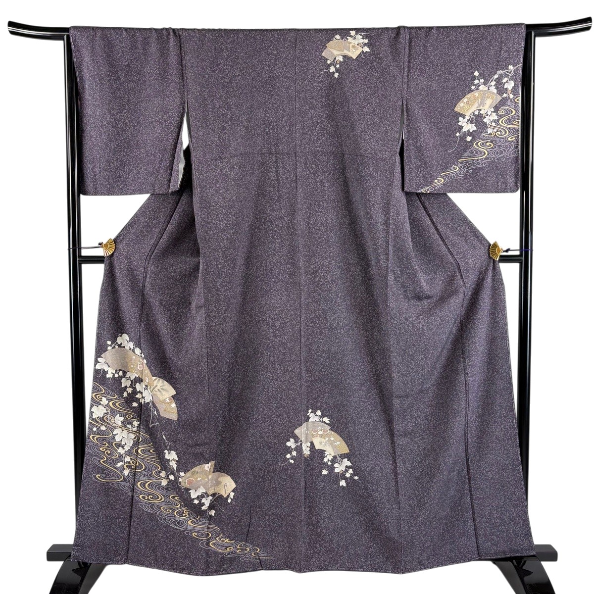 【美品】 訪問着 身丈162cm 裄丈65.5cm M 袷 扇面 葡萄 金彩 紫 正絹 秀品 【中古】