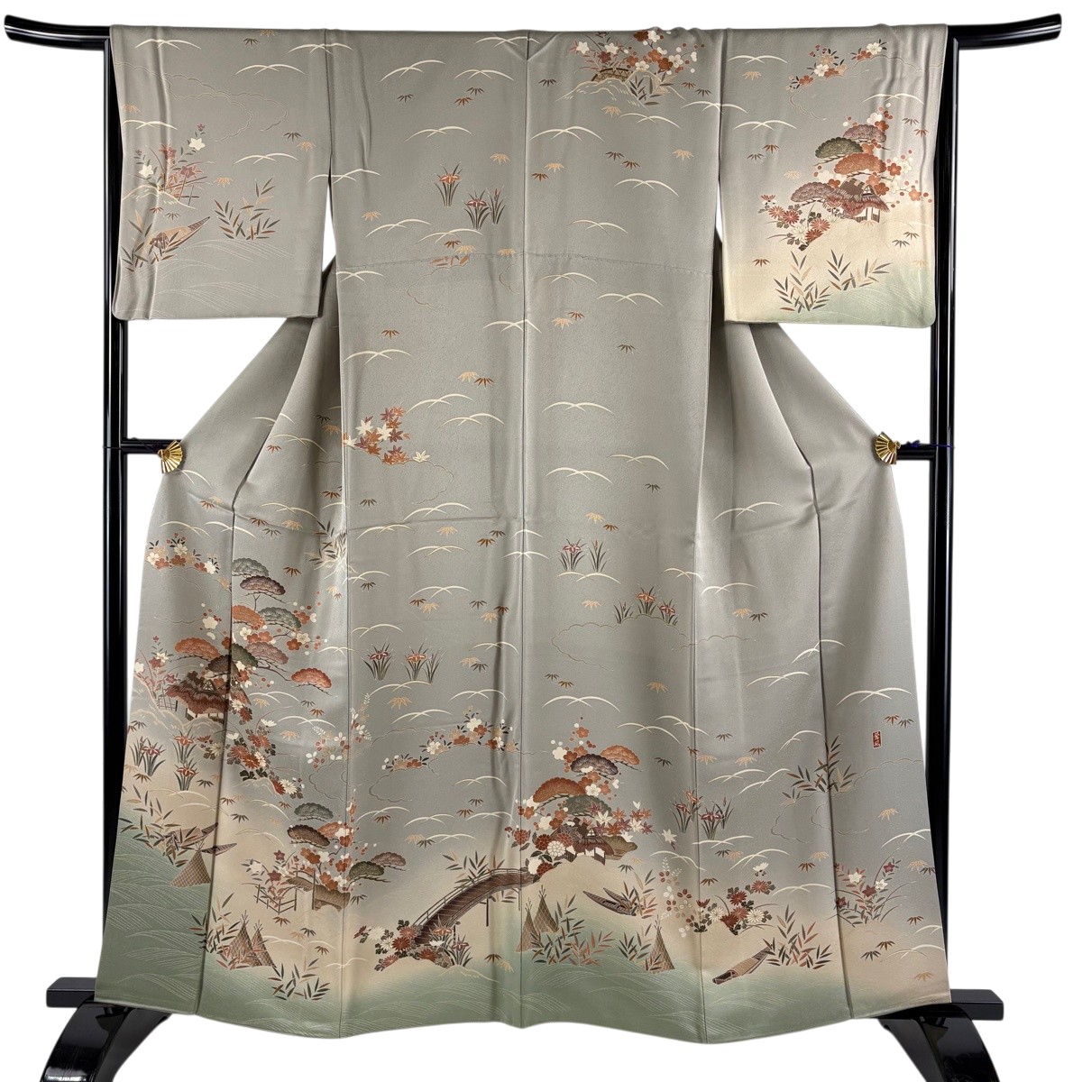 訪問着 身丈161cm 裄丈66cm M 袷 落款あり 茶屋辻 松竹梅 金糸 金彩 灰緑 正絹 秀品 【中古】