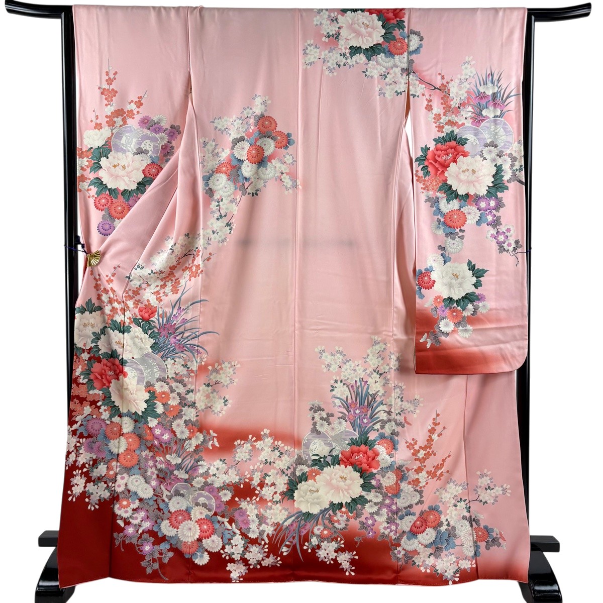 振袖 身丈170cm 裄丈64.5cm M 袷 鼓 牡丹 銀彩 染め分け ピンク 正絹 秀品 【中古】 6,336円