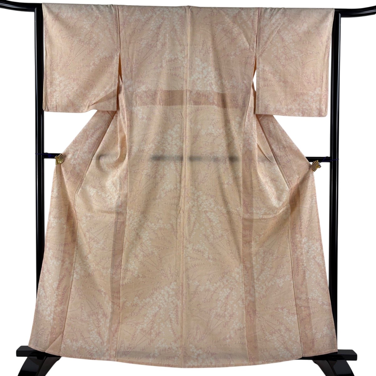 紬 身丈162.5cm 裄丈64cm M 単衣 枝花 薄オレンジ 正絹 秀品 【中古】