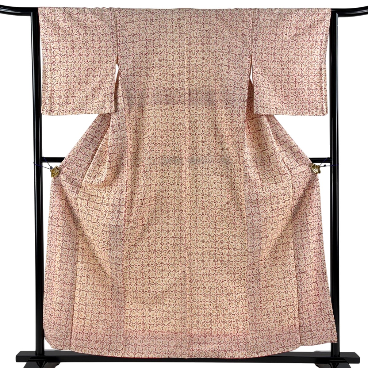小紋 身丈157cm 裄丈63cm S 袷 花 幾何学模様 薄オレンジ 正絹 秀品 【中古】