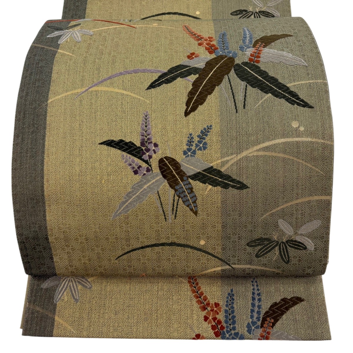 【美品】 袋帯 秀品 草花 露芝 箔 茶緑色 全通 正絹 【中古】