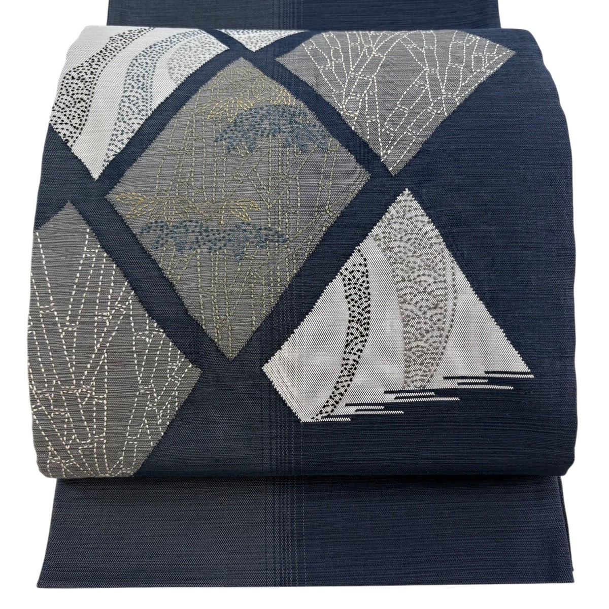 袋帯 秀品 竹 笹 刺し子刺繍 紺色 お太鼓柄 正絹 【中古】