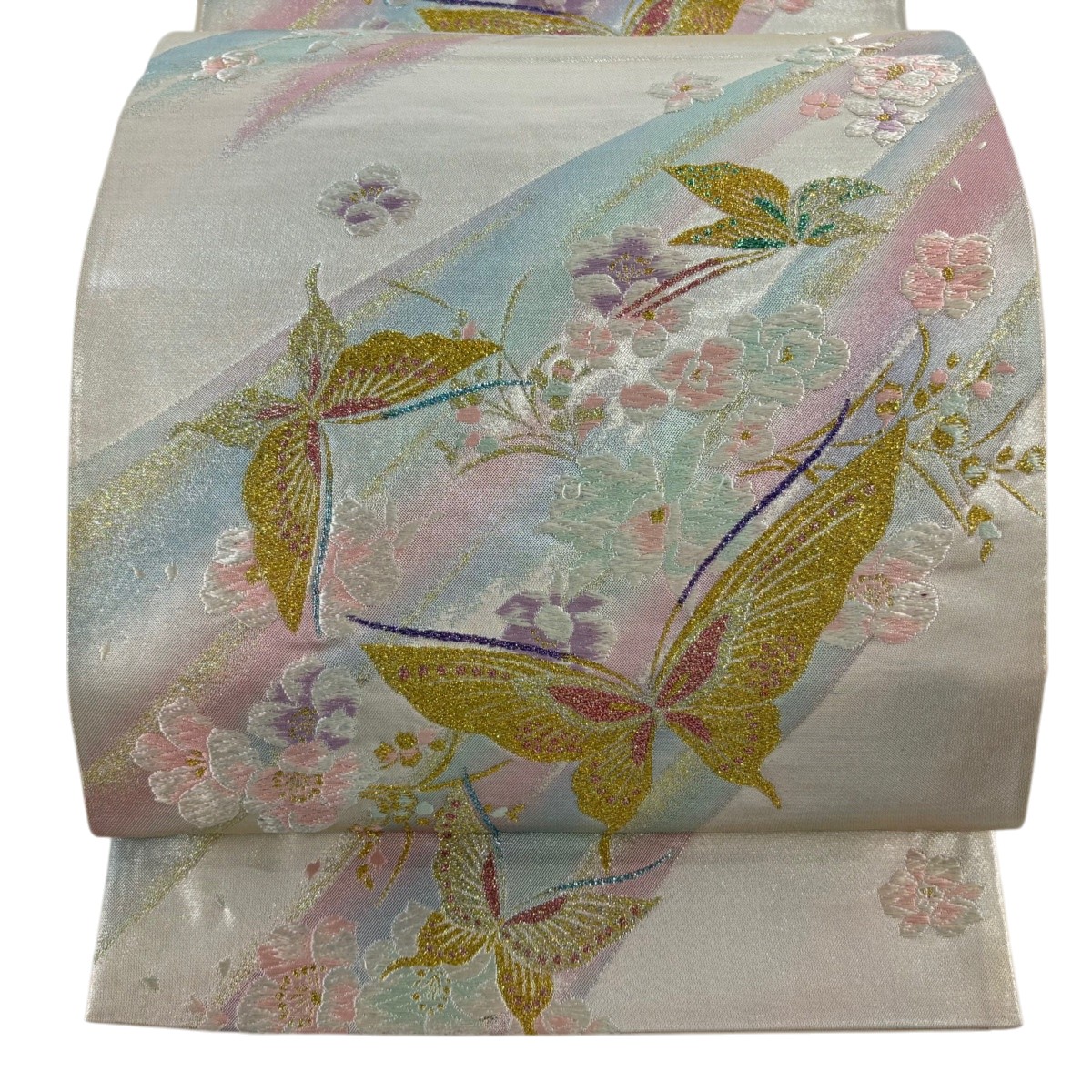 【美品】 袋帯 秀品 鈴乃屋 蝶 蘭 唐織 箔 銀色 六通 正絹 【中古】