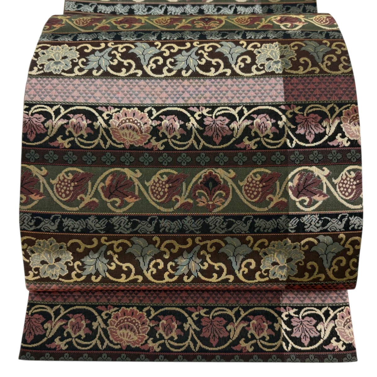 【美品】 袋帯 秀品 花唐草 段縞 茶紫 全通 正絹 【中古】