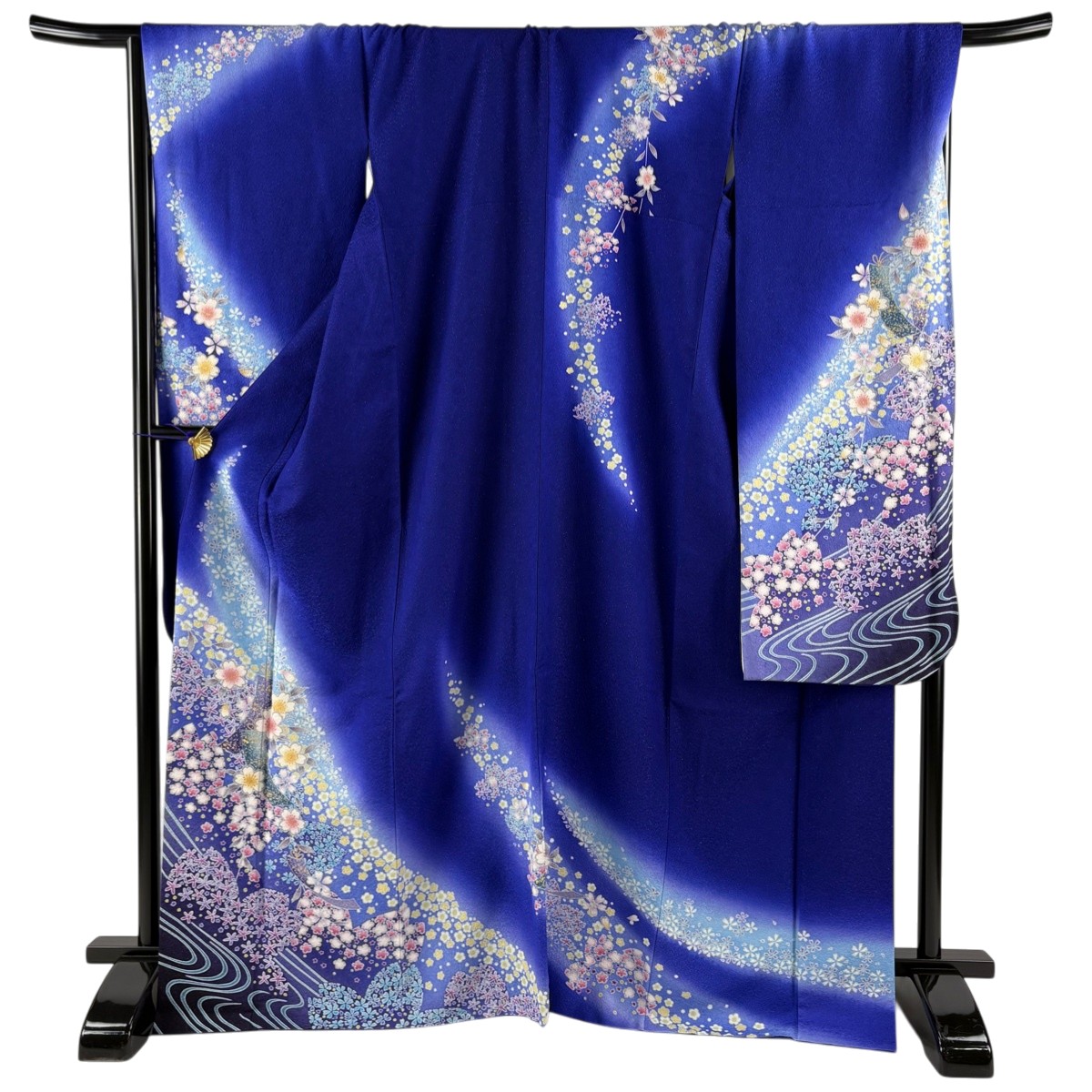 【美品】 振袖 身たけ169糎 裄丈70糎 L 袷 短冊 桜 金通し 金彩 青紫 正絹 珠玉 【中古】