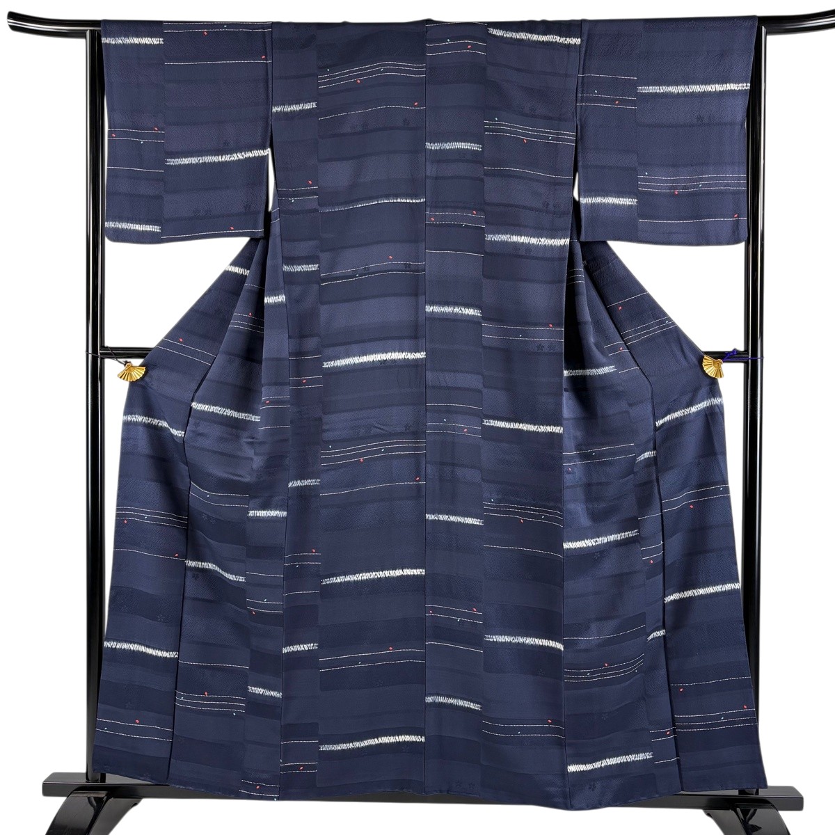小紋 身丈155cm 裄丈64.5cm M 袷 胴抜き 縞 地紋 濃紺 正絹 秀品 【中古】