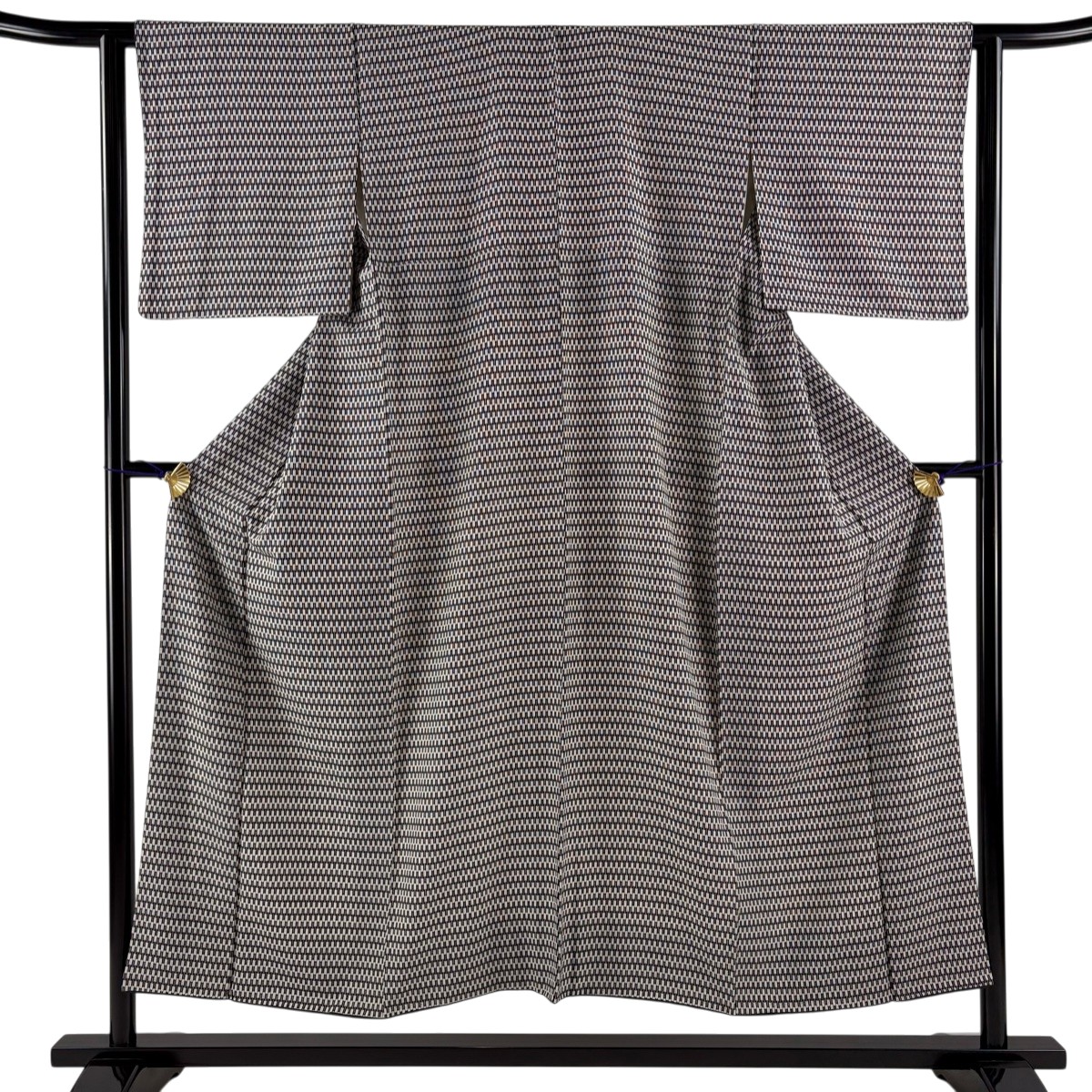 【美品】 小紋 身丈150cm 裄丈62.5cm S 袷 矢羽 黒 正絹 秀品 【中古】