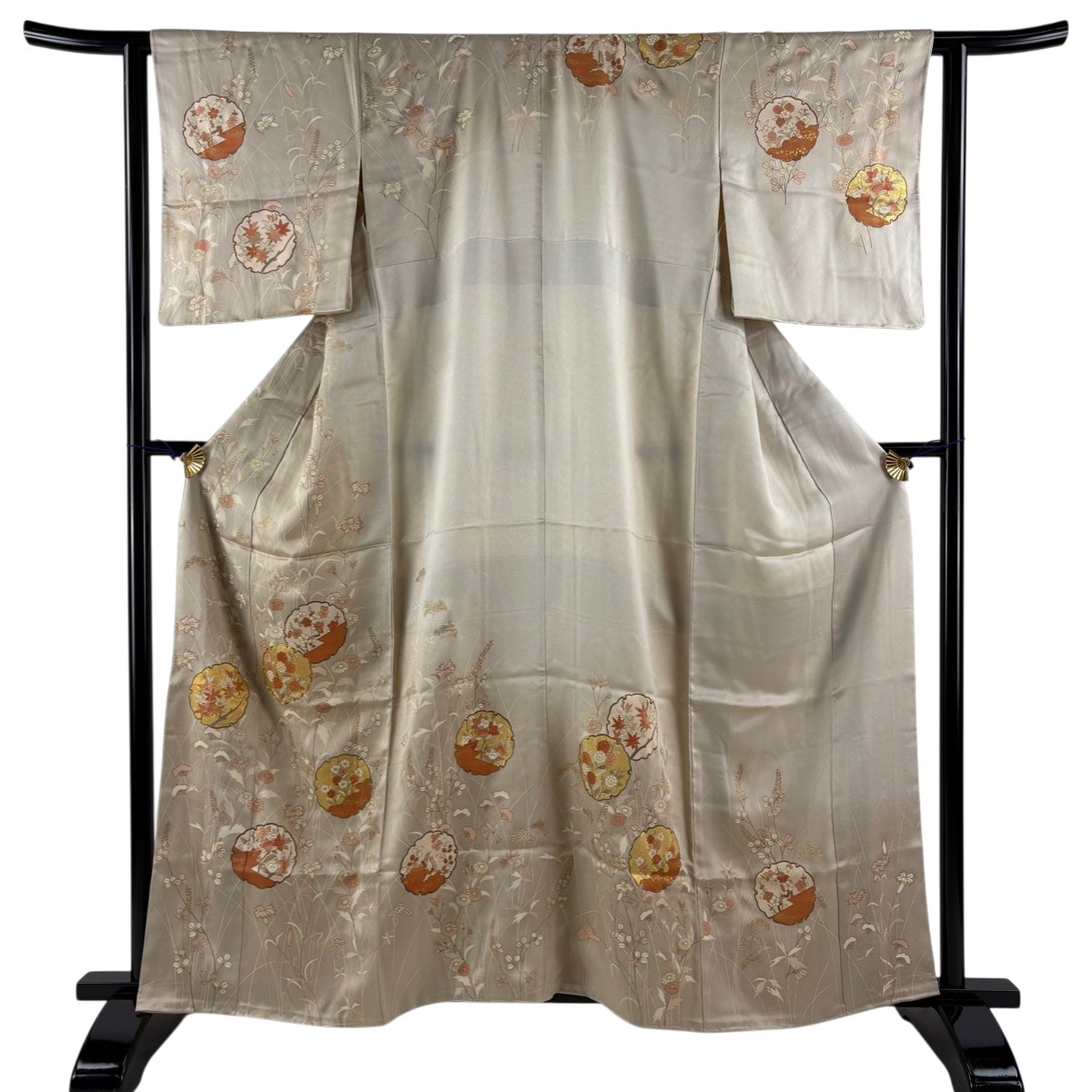 訪問着 身丈160cm 裄丈62.5cm S 袷 雪輪 草花 金糸 金彩 ベージュ 正絹 秀品 【中古】 7,040円