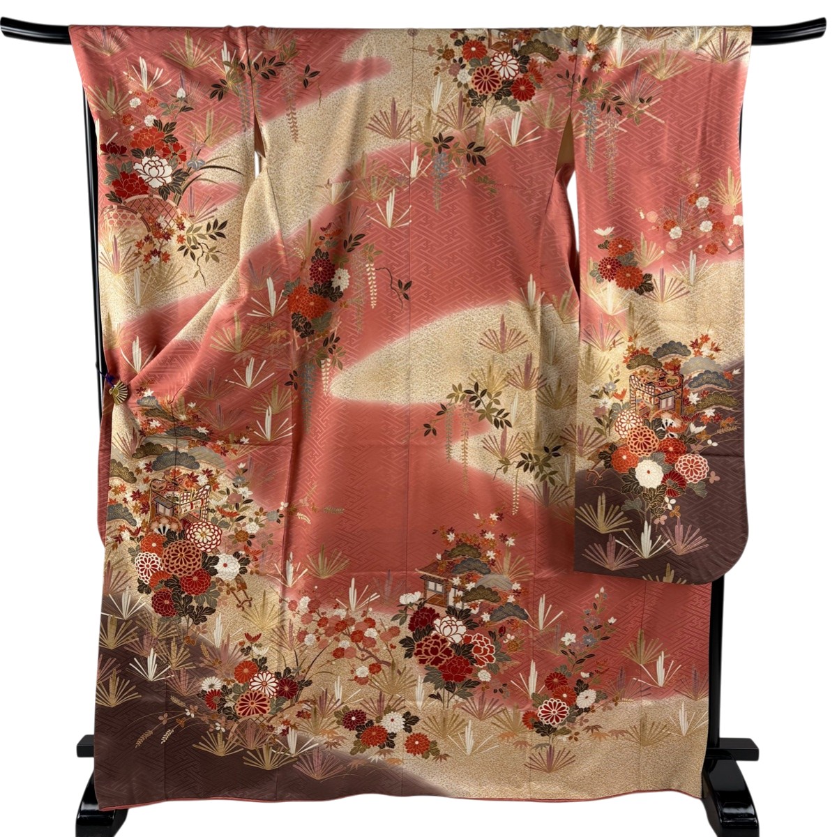 【美品】 振袖 身丈171cm 裄丈69cm L 袷 ますいわ屋 御所車 菊 金糸 金彩 サーモンピンク 正絹 秀品 一つ紋 【中古】