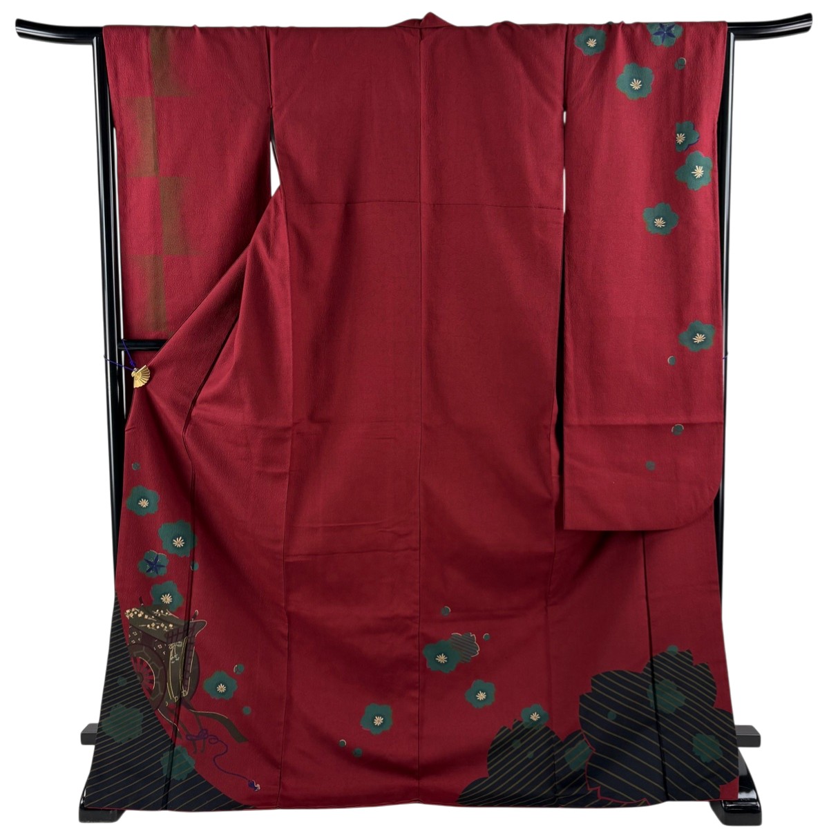 【美品】 振袖 身丈174.5cm 裄丈66cm M 袷 御所車 桜 金彩 染め分け えんじ色 正絹 秀品 【中古】