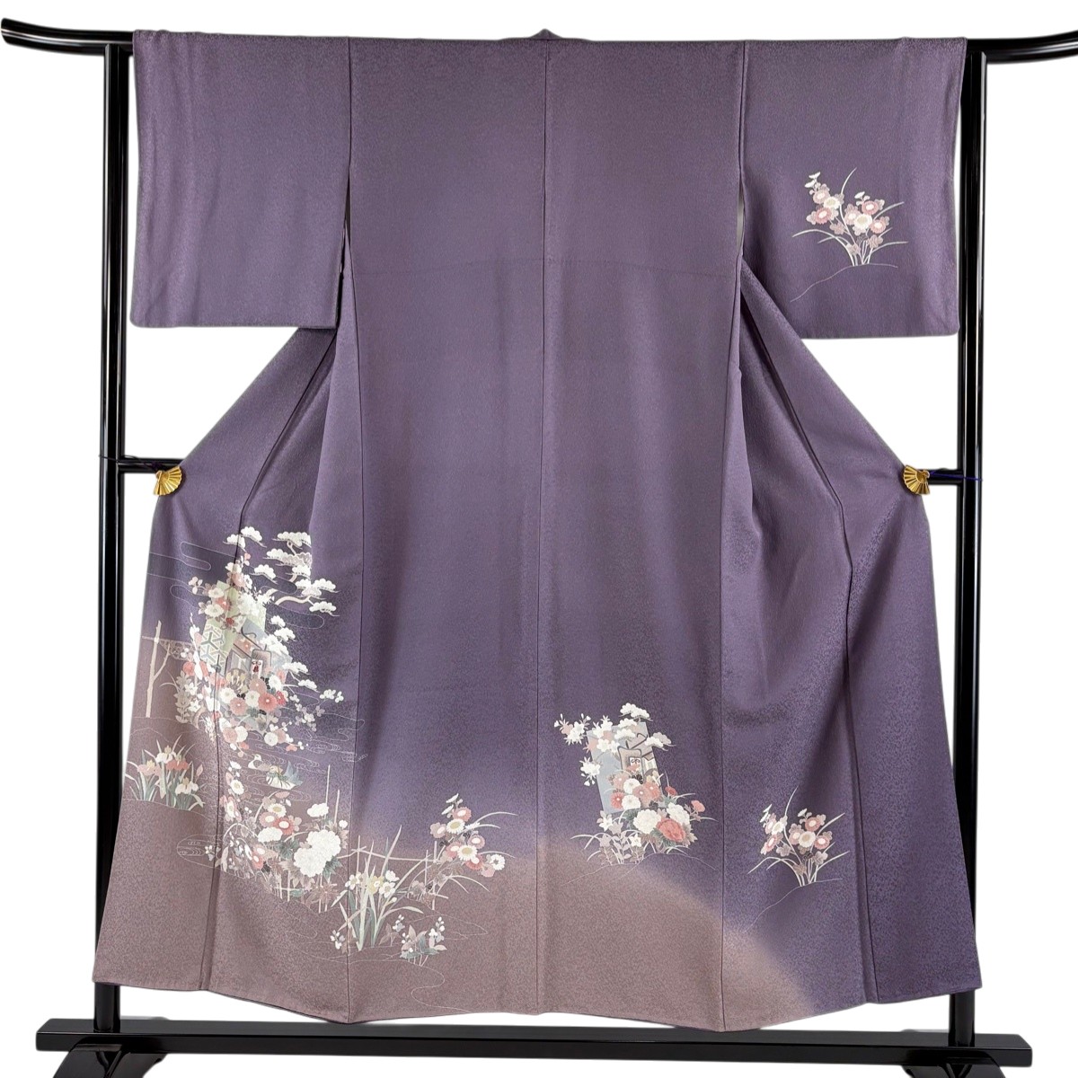 付下げ 身丈152cm 裄丈63cm S 袷 色紙 草花 ぼかし 灰紫 正絹 秀品 【中古】