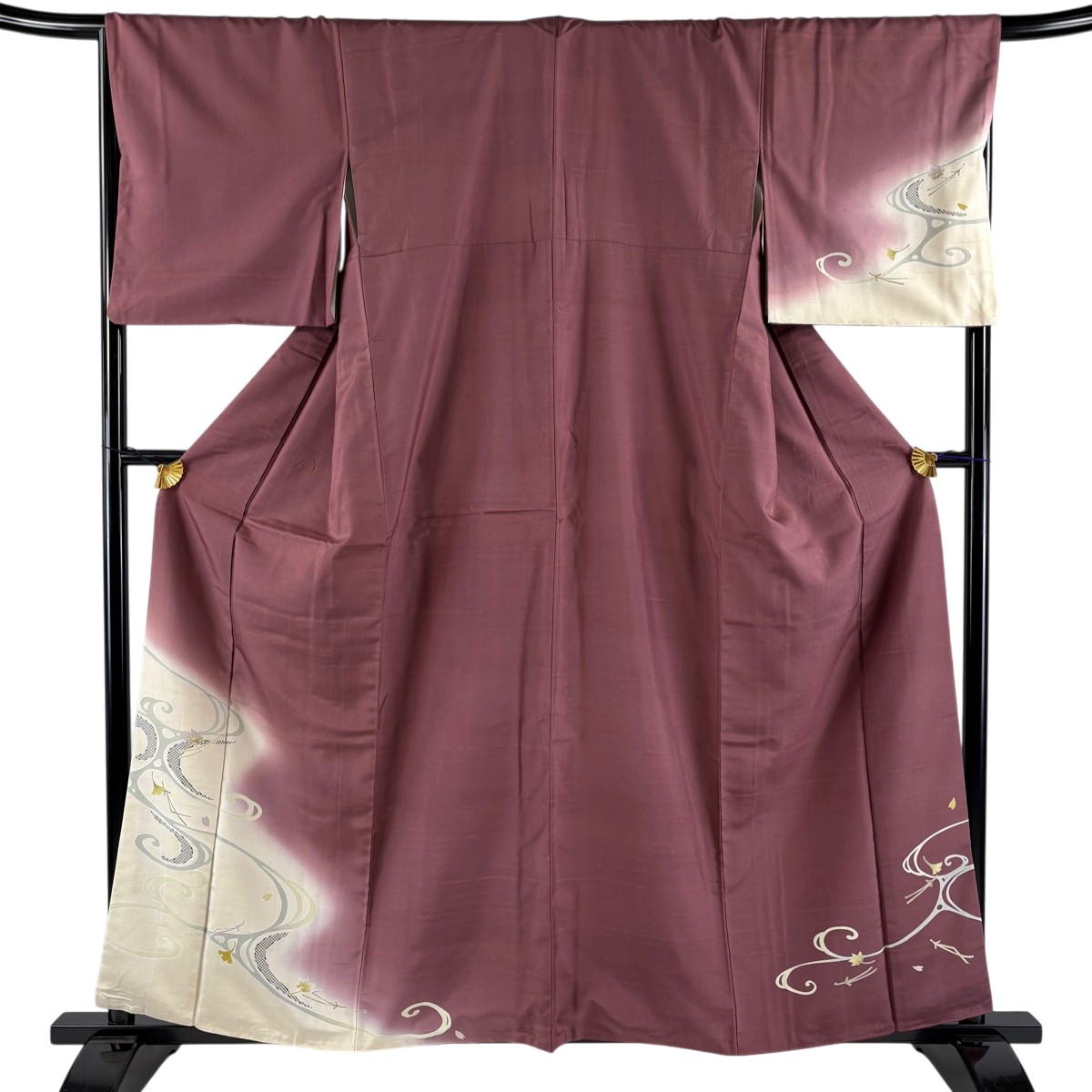 付下げ 身丈159.5cm 裄丈67cm M 袷 紬地 銀杏 流水 染め分け 紫 正絹 秀品 【中古】
