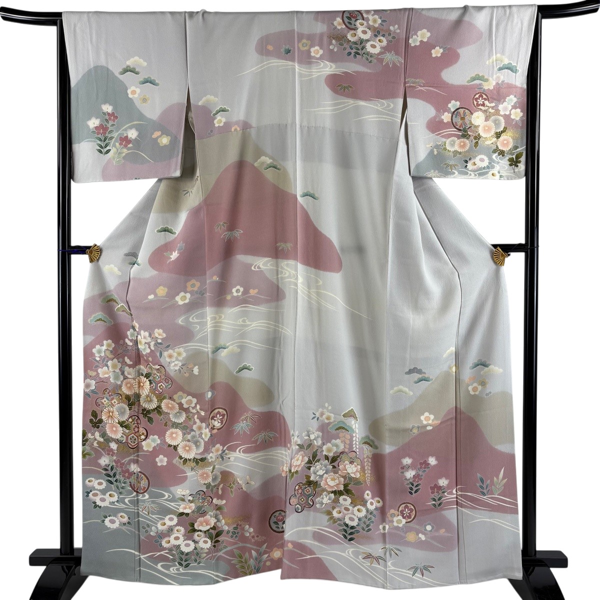 訪問着 身丈162.5cm 裄丈65.5cm M 袷 菊 桜 金糸 金彩 青灰色 正絹 秀品 【中古】