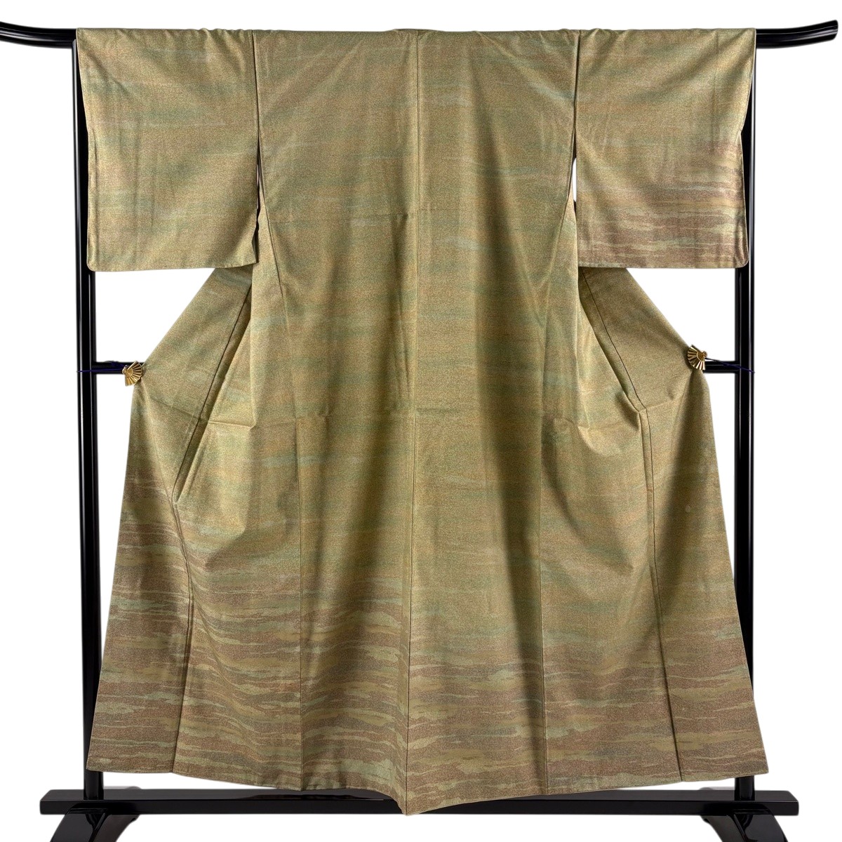 【美品】 付下げ 身丈155cm 裄丈67.5cm L 袷 牛首紬地 落款あり 霞 ぼかし 金彩 茶緑色 正絹 逸品 【中古】