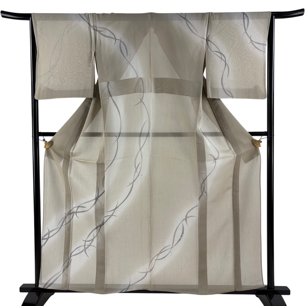 【美品】 訪問着 身丈158cm 裄丈65.5cm M 薄物 夏紬地 幾何学模様 銀彩 ぼかし ベージュ 正絹 秀品 【中古】