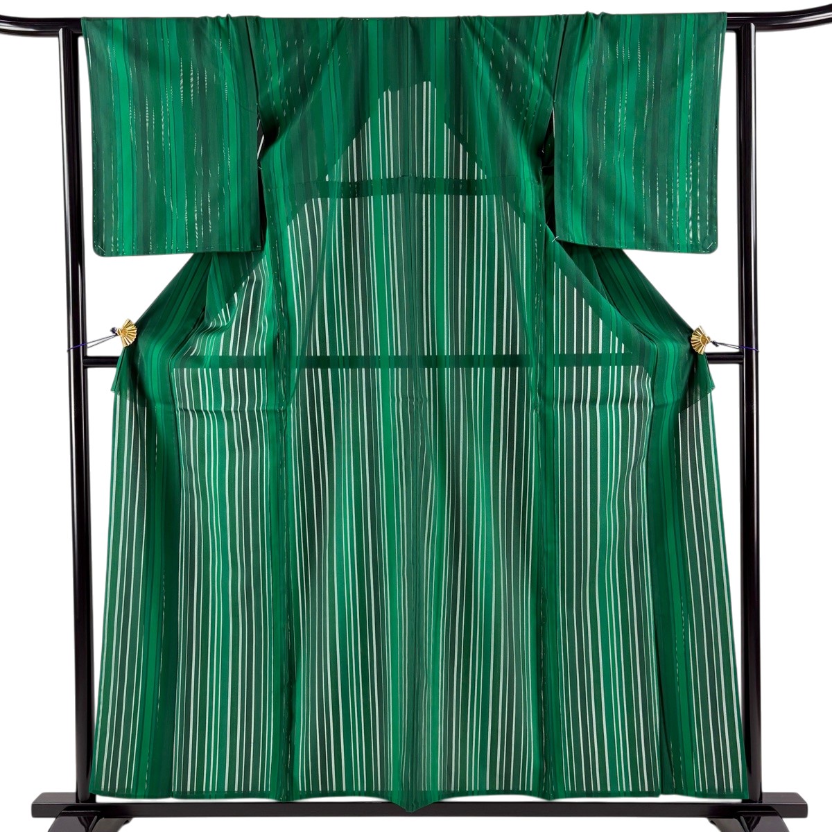 【美品】 小紋 身丈157.5cm 裄丈64cm M 薄物 縦縞 緑 正絹 秀品 【中古】