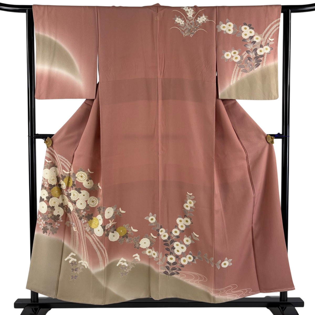 訪問着 身丈154.5cm 裄丈63cm S 袷 ますいわ屋 菊 萩 金糸 金彩 ピンク 正絹 秀品 一つ紋 【中古】
