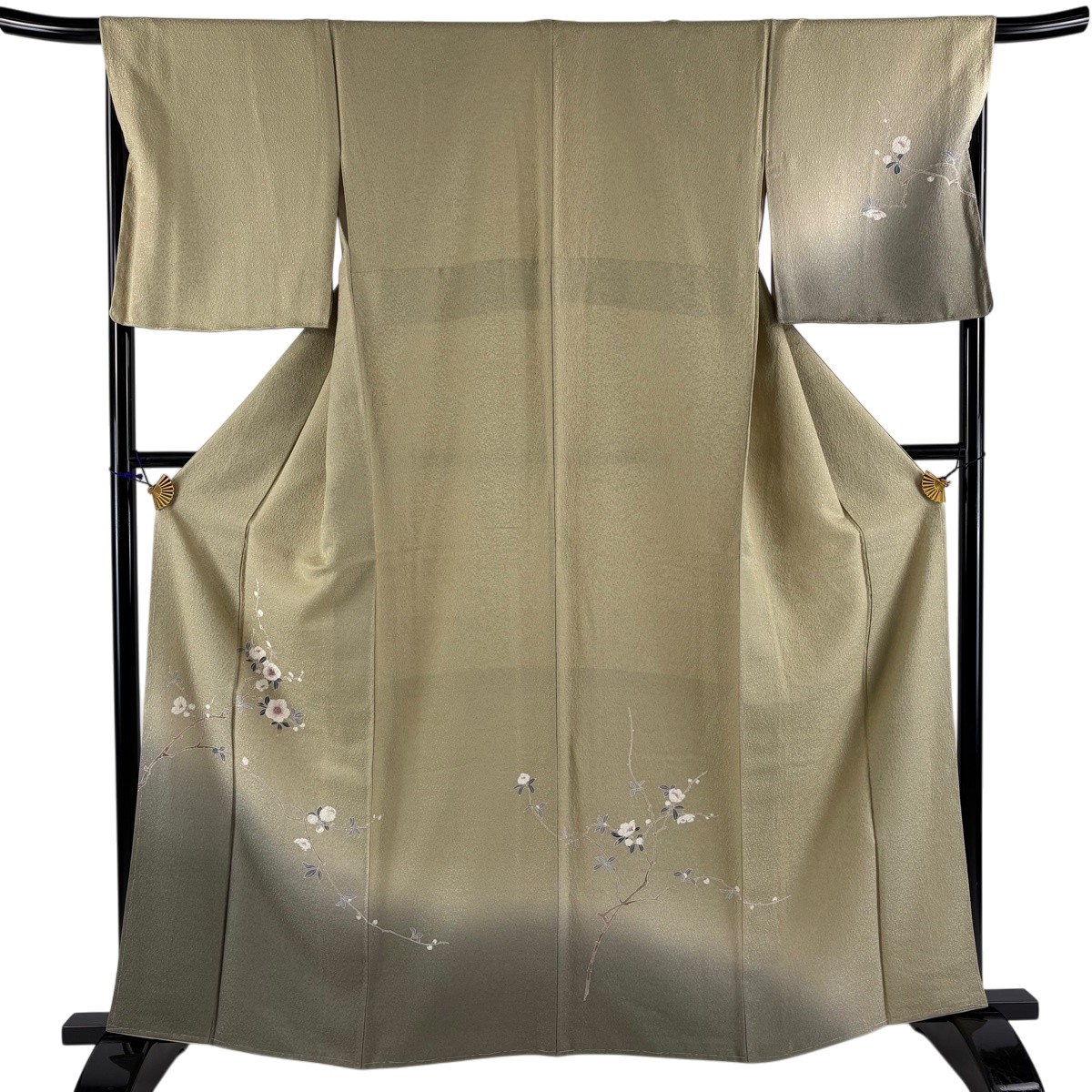 【美品】 訪問着 身丈160cm 裄丈69cm L 袷 枝花 ぼかし 灰緑 正絹 秀品 【中古】