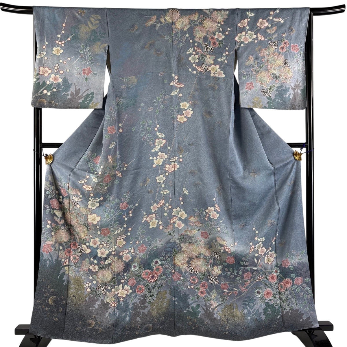訪問着 身丈161.5cm 裄丈65cm M 袷 草花 シルエット 金彩 絞り 青灰色 正絹 秀品 【中古】