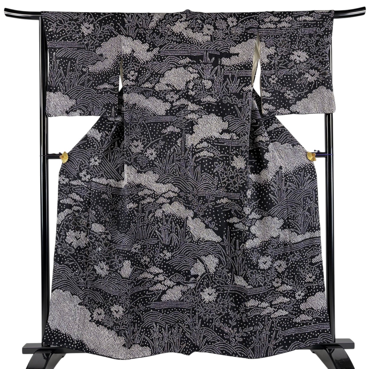 訪問着 身丈158cm 裄丈65cm M 袷 草花 波 金銀彩 絞り 黒 正絹 秀品 【中古】