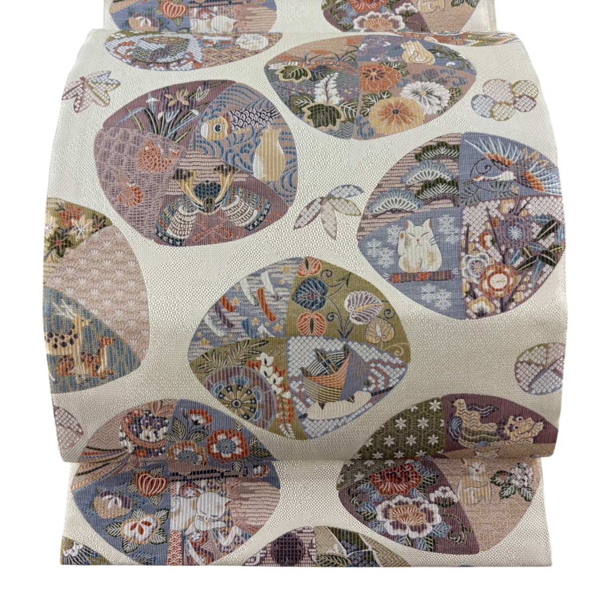 【美品】 袋帯 逸品 遊戯御手玉絵文 猫 ベージュ 六通 正絹 【中古】