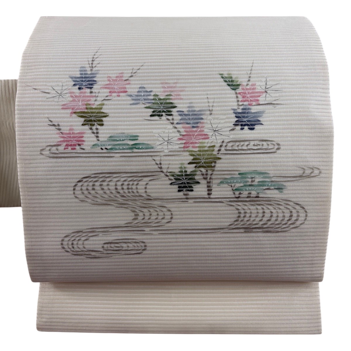 【美品】 名古屋帯 秀品 夏帯 絽 観世水 楓 灰白 正絹 【中古】
