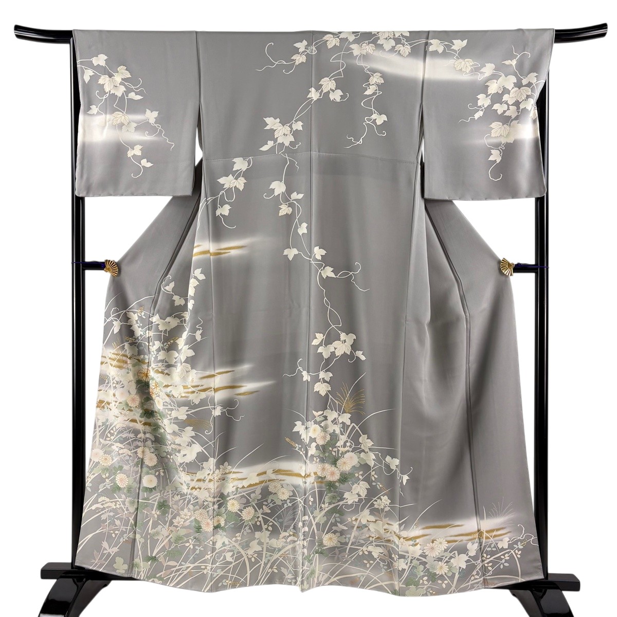 訪問着 身丈159cm 裄丈66cm M 袷 草花 霞 金糸 金彩 灰色 正絹 名品 一つ紋 【中古】