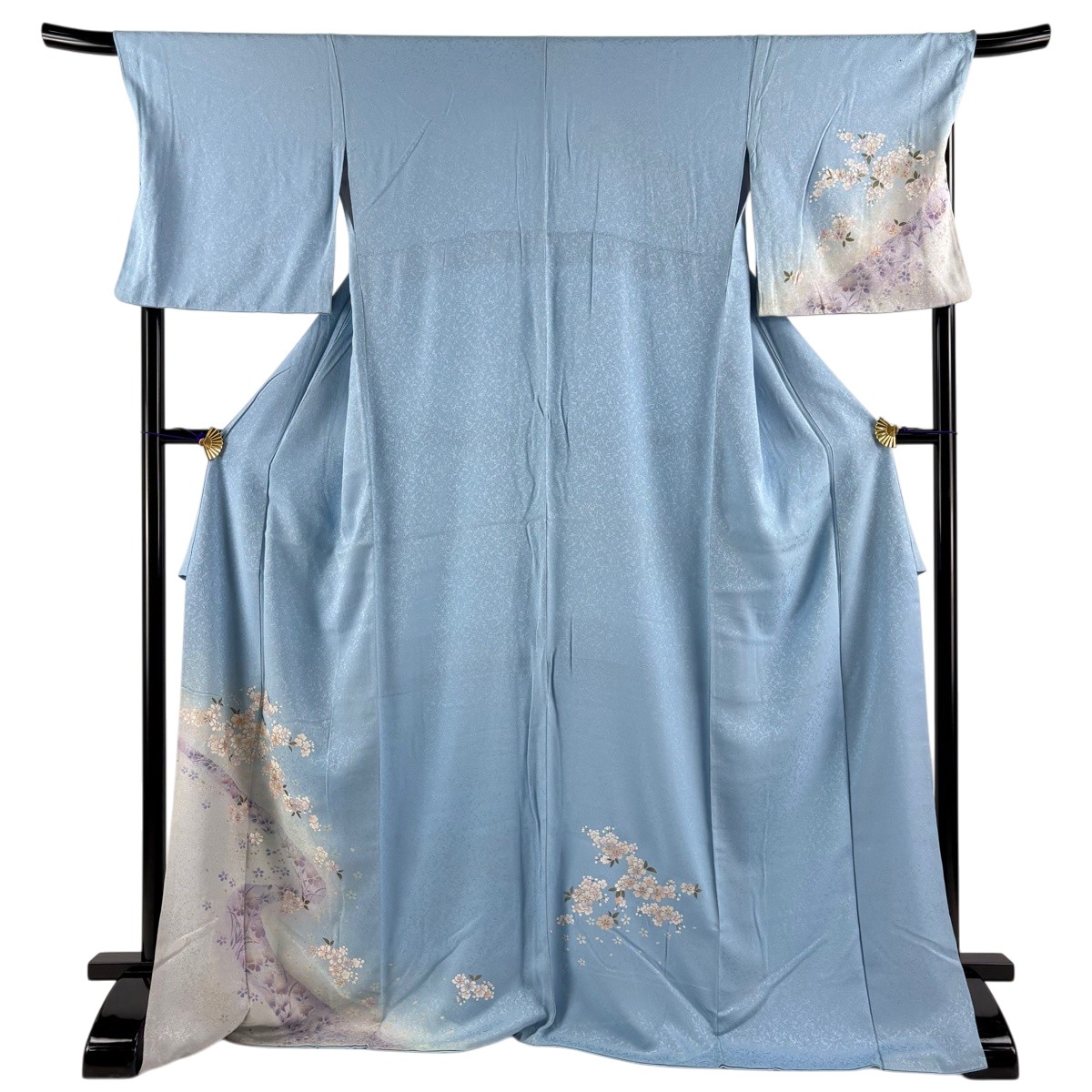 付下げ 身丈172cm 裄丈69.5cm L 袷 桜 流水 箔 金彩 水色 正絹 名品 【中古】