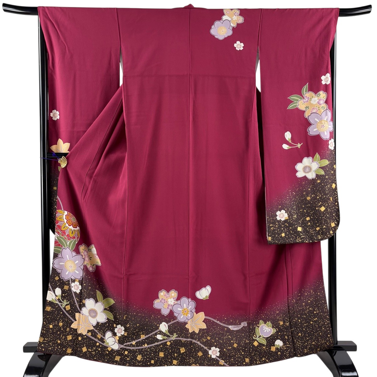 振袖 身丈164cm 裄丈65.5cm M 袷 桜 手鞠 金彩 ぼかし 赤紫 正絹 名品 【中古】