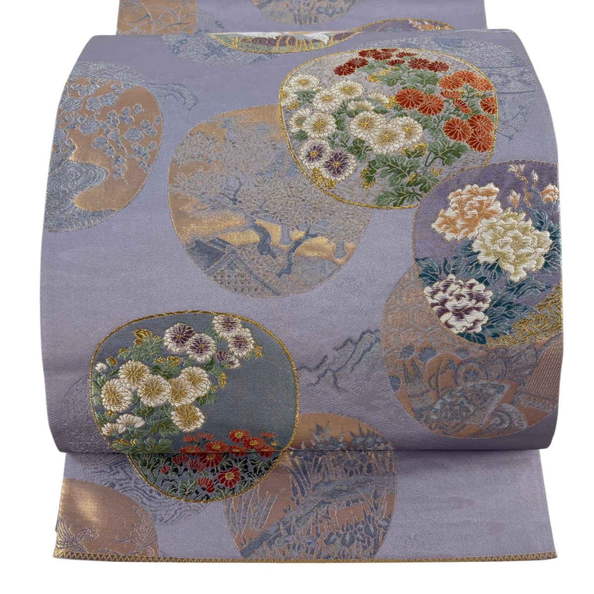 袋帯 秀品 琳派吉祥文様 関西仕立て 草花 鶴 金糸 箔 灰紫 六通 正絹 【中古】