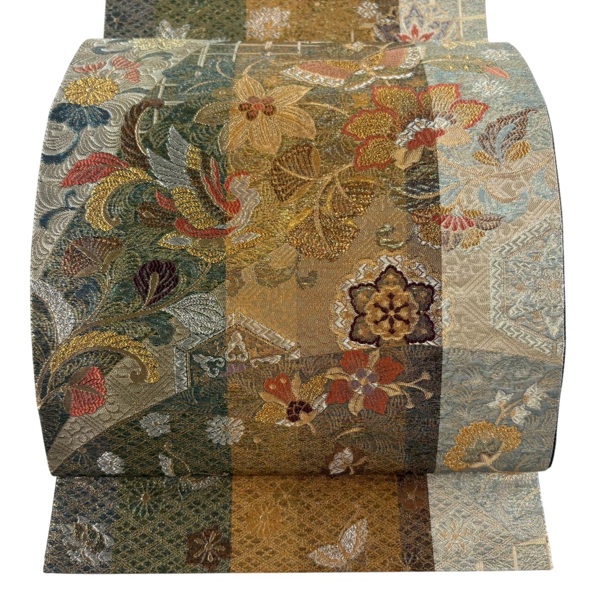 【美品】 袋帯 秀品 花鳥 蝶 金銀糸 箔 金色 六通 正絹 【中古】