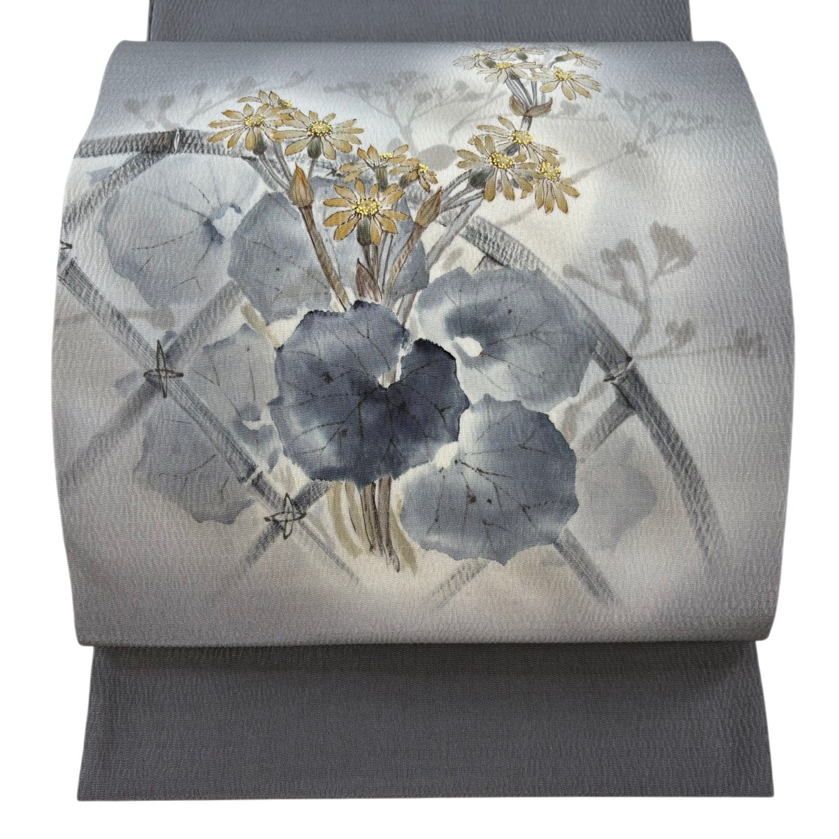 開き名古屋帯 秀品 落款あり 草花 光悦垣 ぼかし 灰色 正絹 【中古】