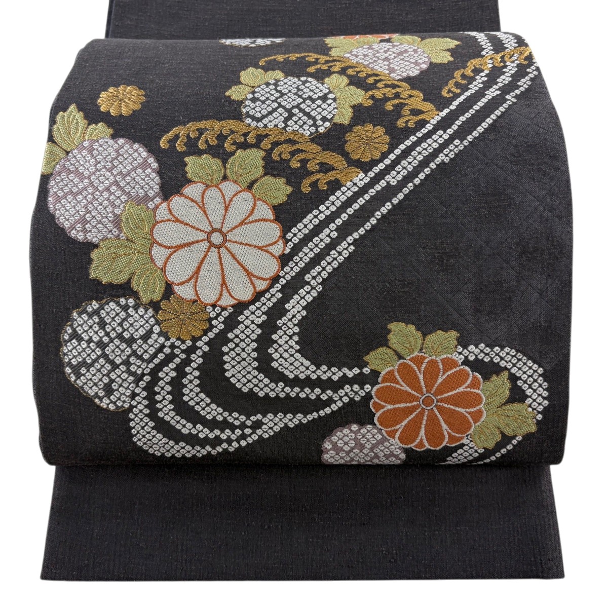 袋帯 秀品 夏帯 菊 流水 金糸 灰紫 お太鼓柄 正絹 【中古】