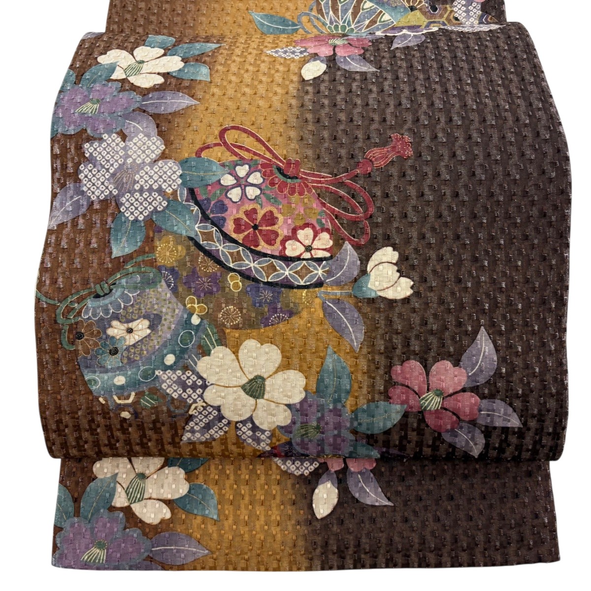【美品】 袋帯 秀品 落款あり 鈴 草花 銀通し 金彩 焦茶色 全通 正絹 【中古】 6,952円