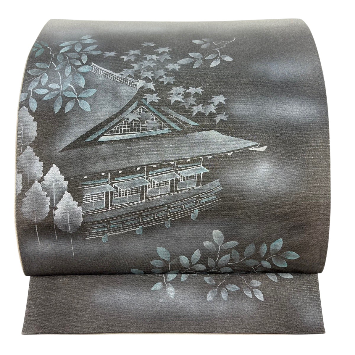 袋帯 秀品 落款あり 建物 樹木 箔 灰色 お太鼓柄 正絹 【中古】