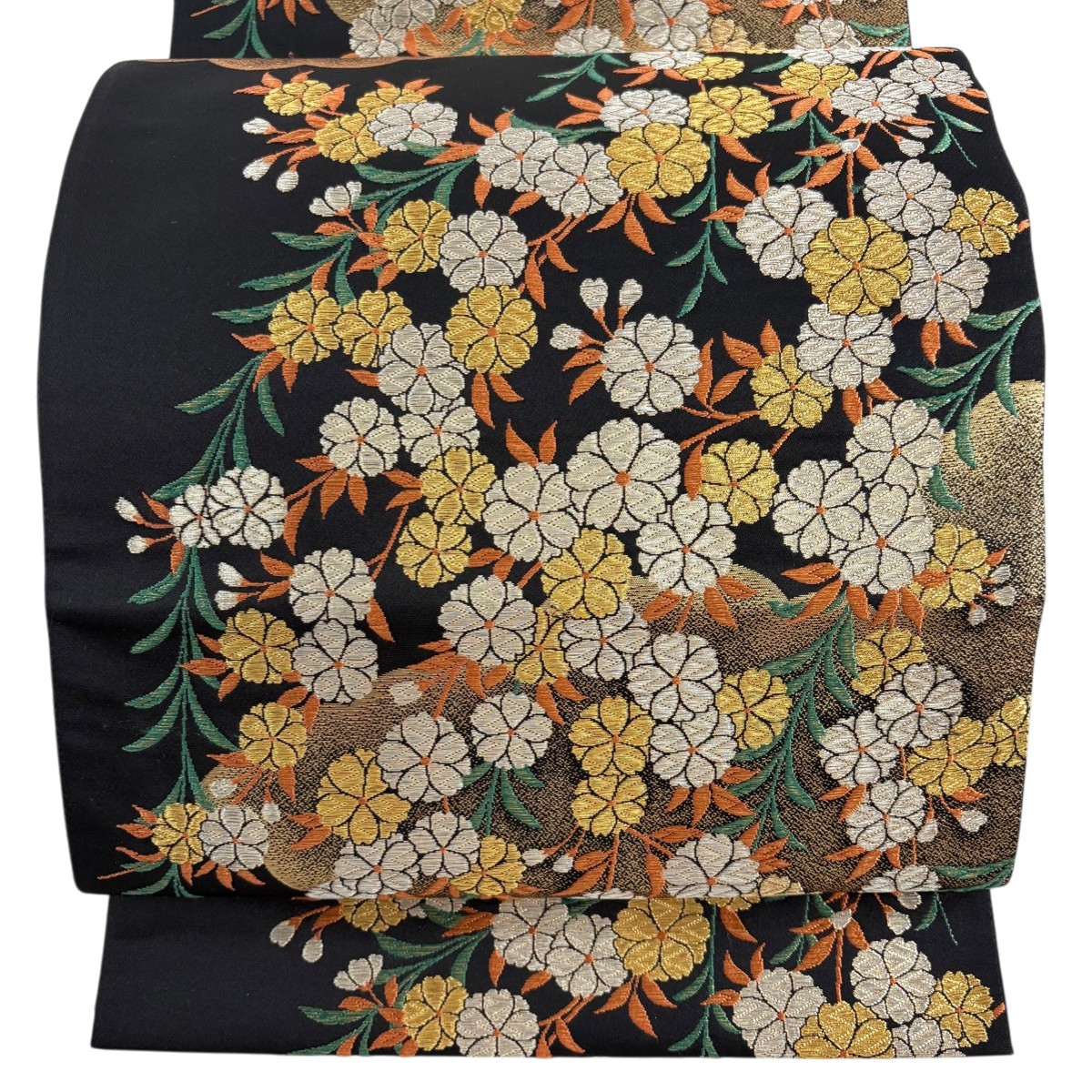 袋帯 名品 花井幸子 落款あり 枝垂れ桜 雲 金銀糸 箔 黒 六通 正絹 【中古】