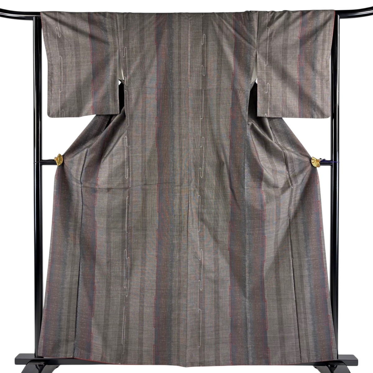 【美品】 紬 身丈160cm 裄丈64cm M 袷 幾何学 焦茶色 正絹 秀品 【中古】