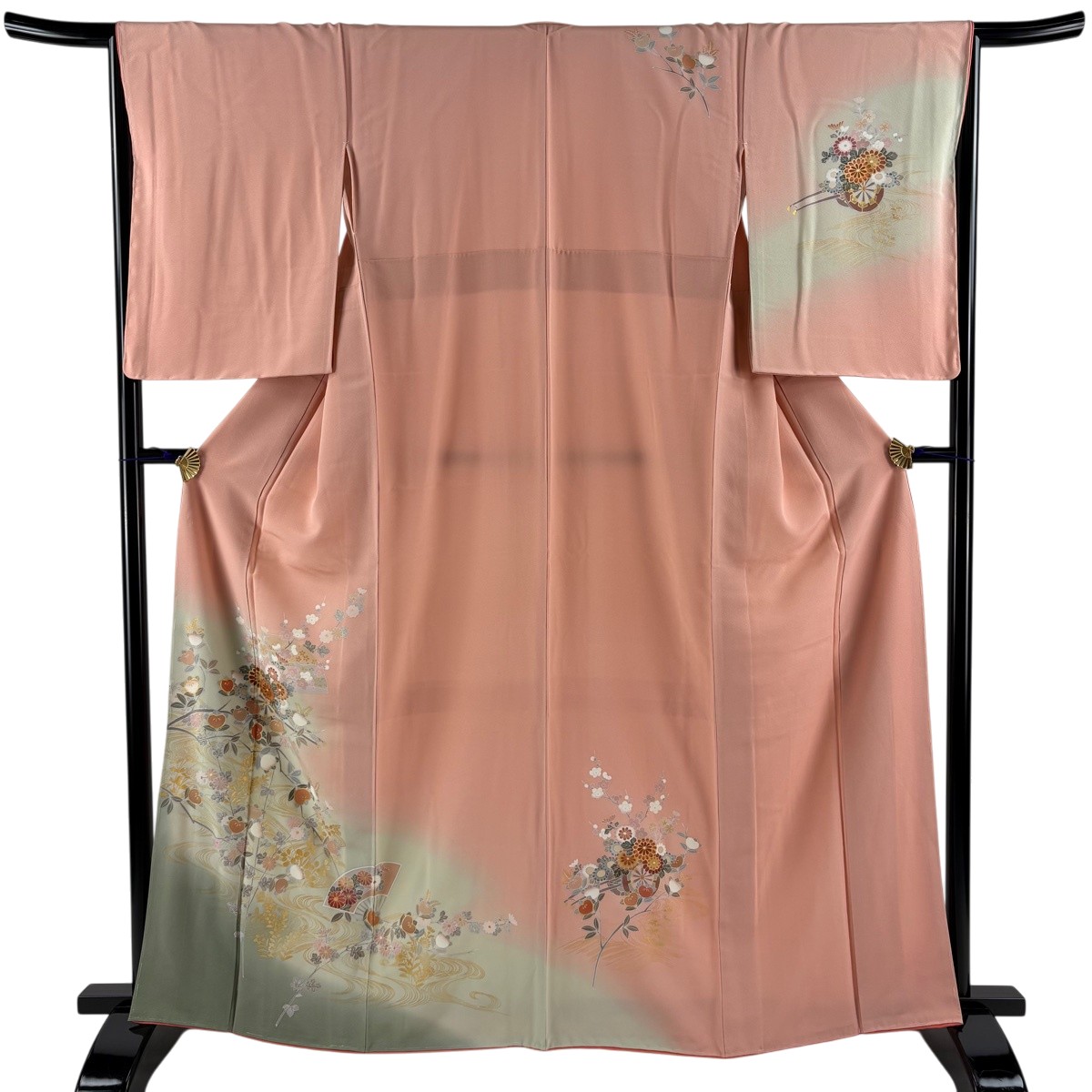 【美品】 訪問着 身丈164cm 裄丈65cm M 袷 花車 流水 金彩 ぼかし ピンク 正絹 秀品 【中古】