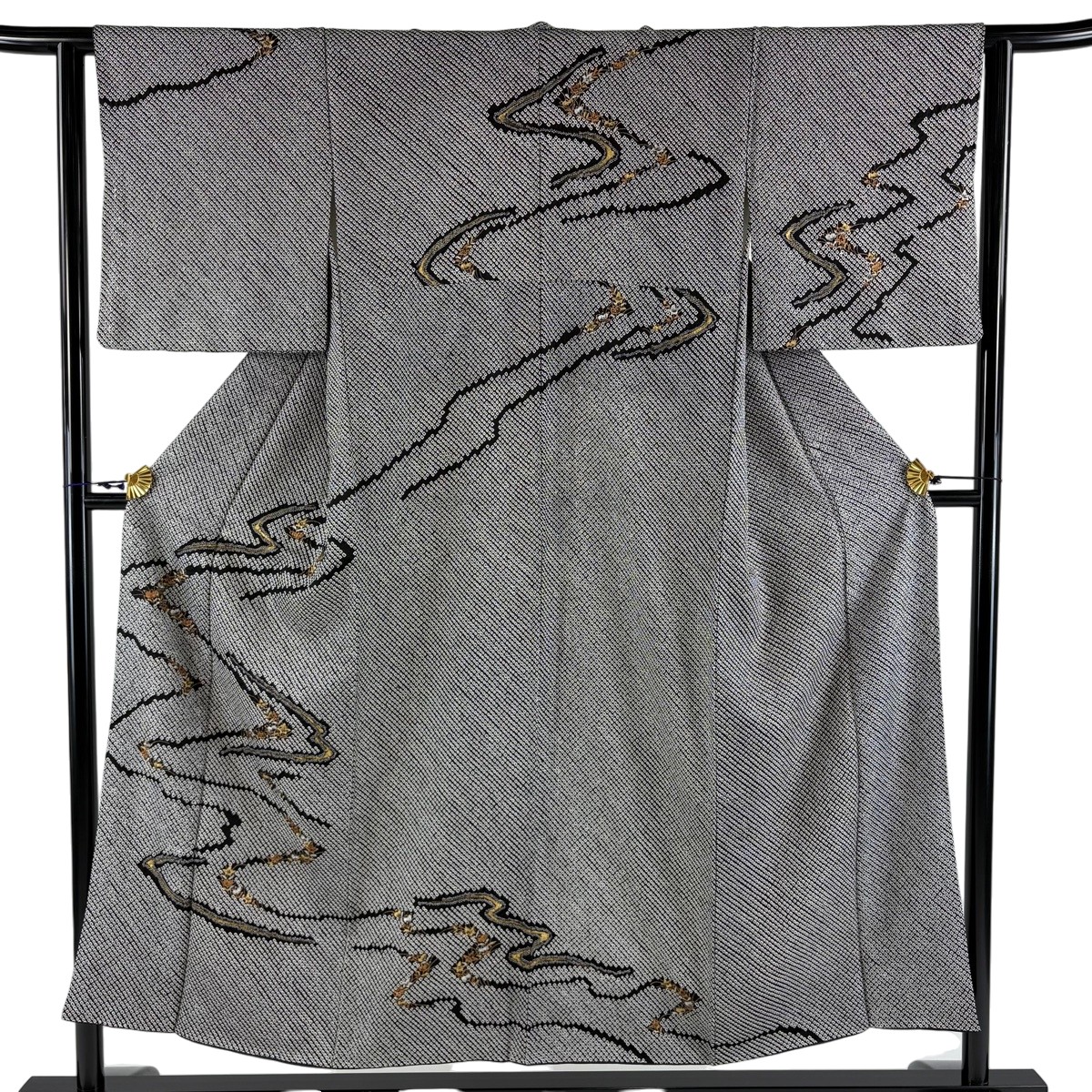 訪問着 身丈152cm 裄丈62cm S 袷 流水 草花 総絞り 金銀彩 黒 正絹 秀品 【中古】