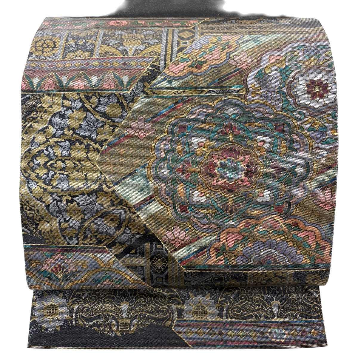 【美品】 袋帯 秀品 関西仕立て 華文 草花 箔 黒 お太鼓柄 正絹 【中古】