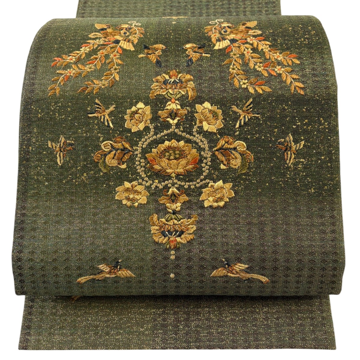 【美品】 袋帯 秀品 鳥 草花 金糸 箔 緑 お太鼓柄 正絹 【中古】
