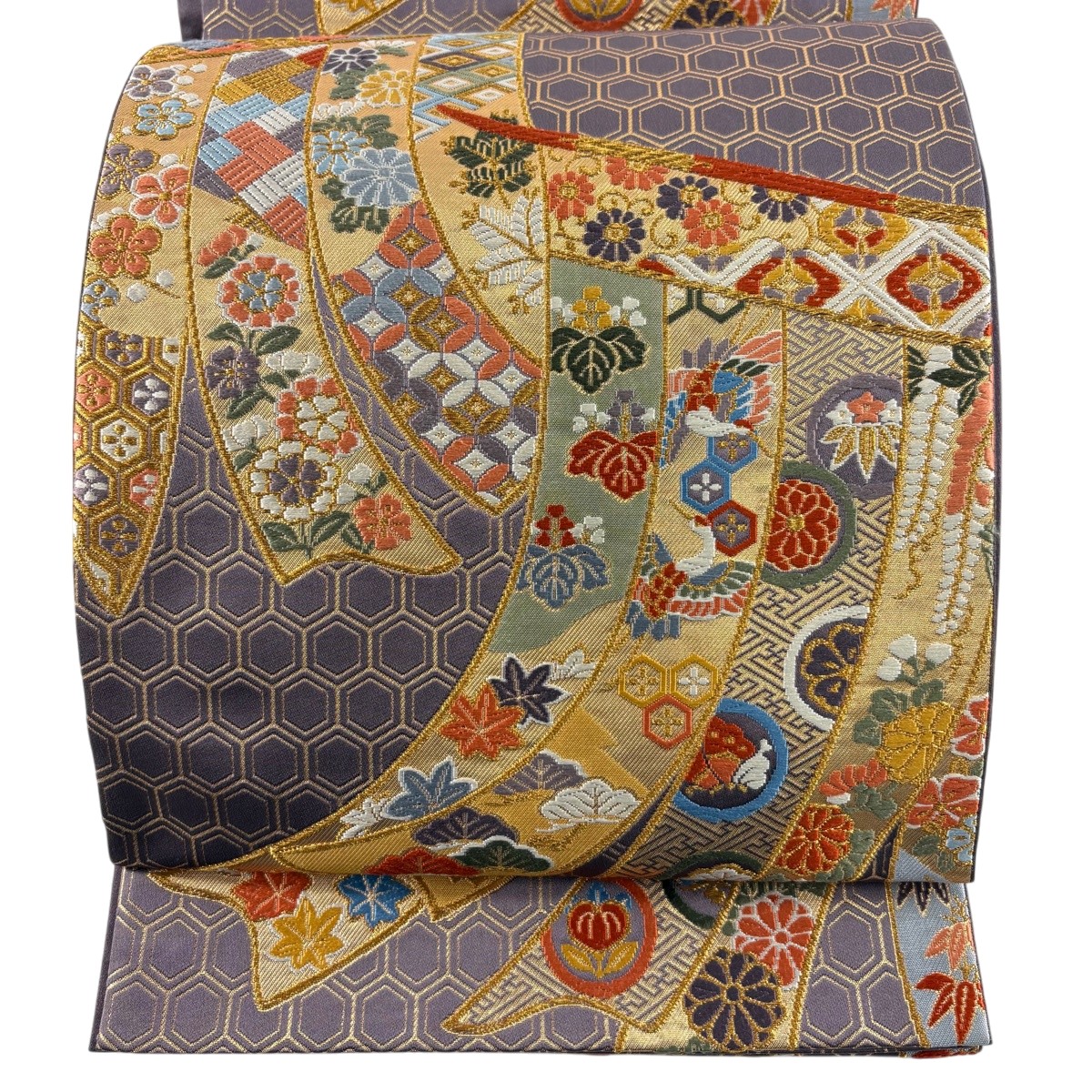【美品】 袋帯 秀品 鈴乃屋 几帳 花鳥 刺繍 金糸 紫 六通 正絹 【中古】
