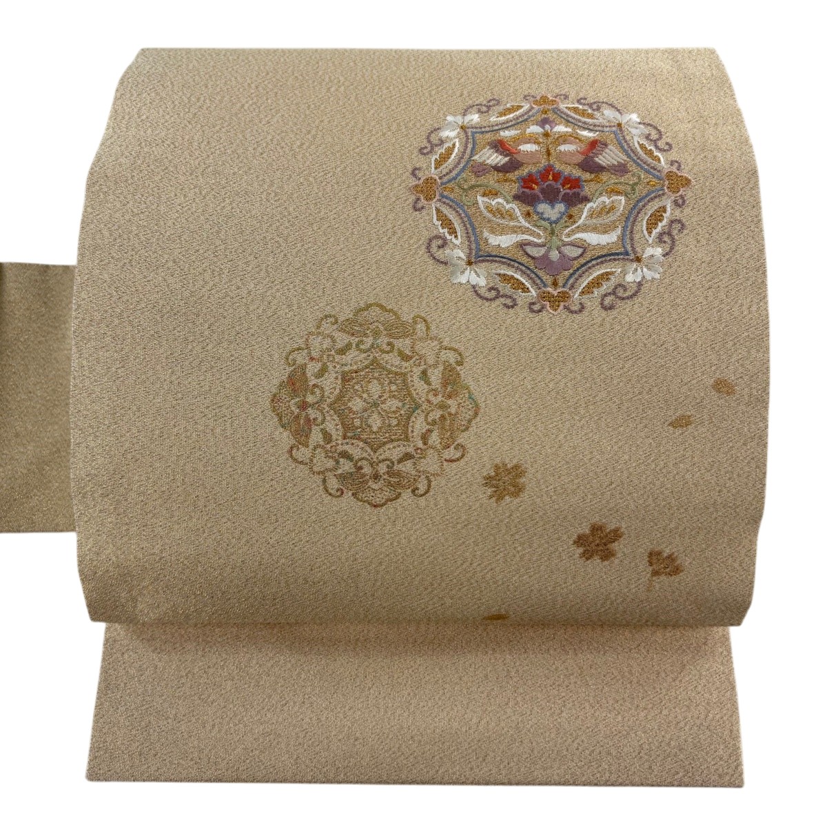 名古屋帯 秀品 向かい鳥 華文 金糸 刺繍 金色 正絹 【中古】