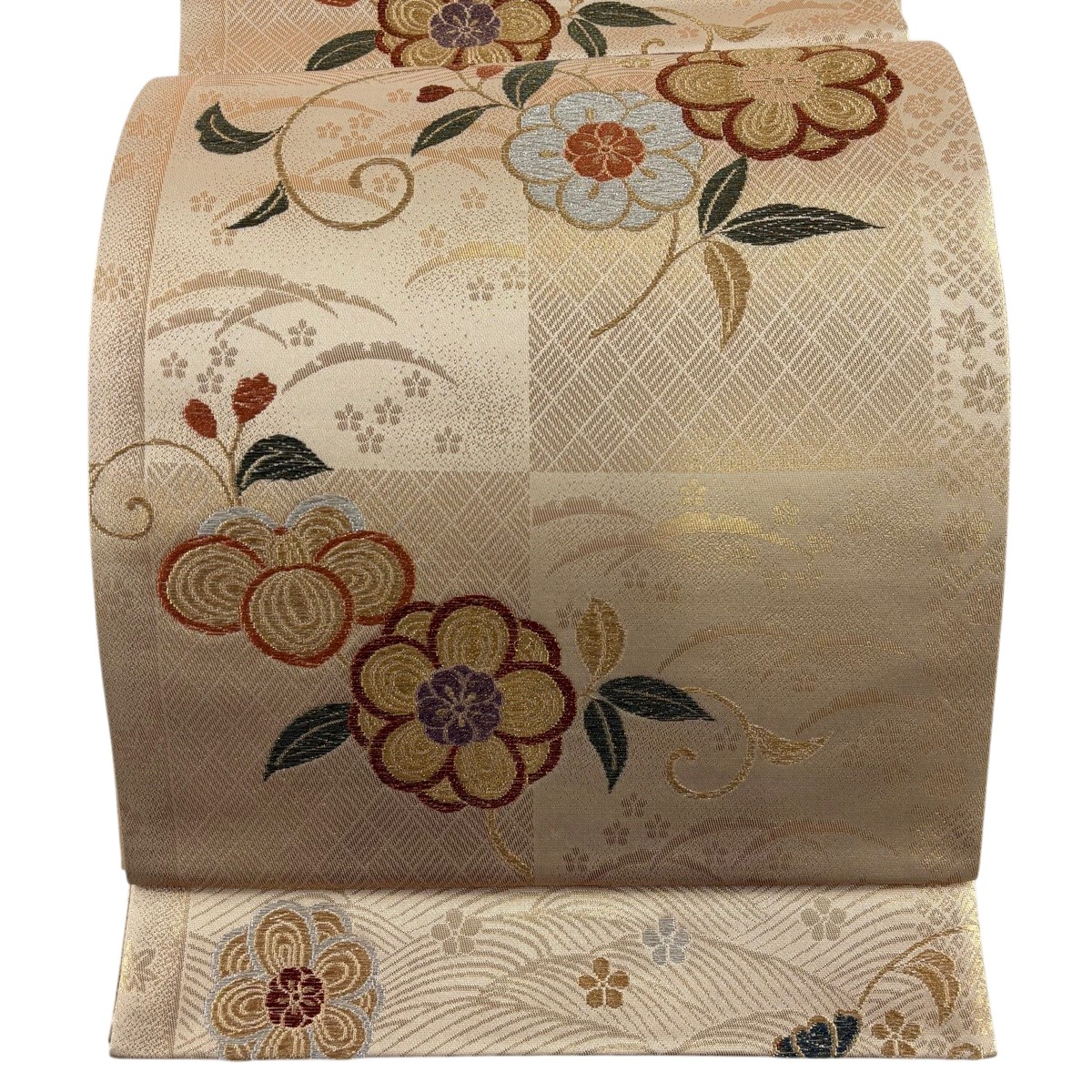 【美品】 袋帯 秀品 花唐草 金銀糸 箔 ベージュ 六通 正絹 【中古】