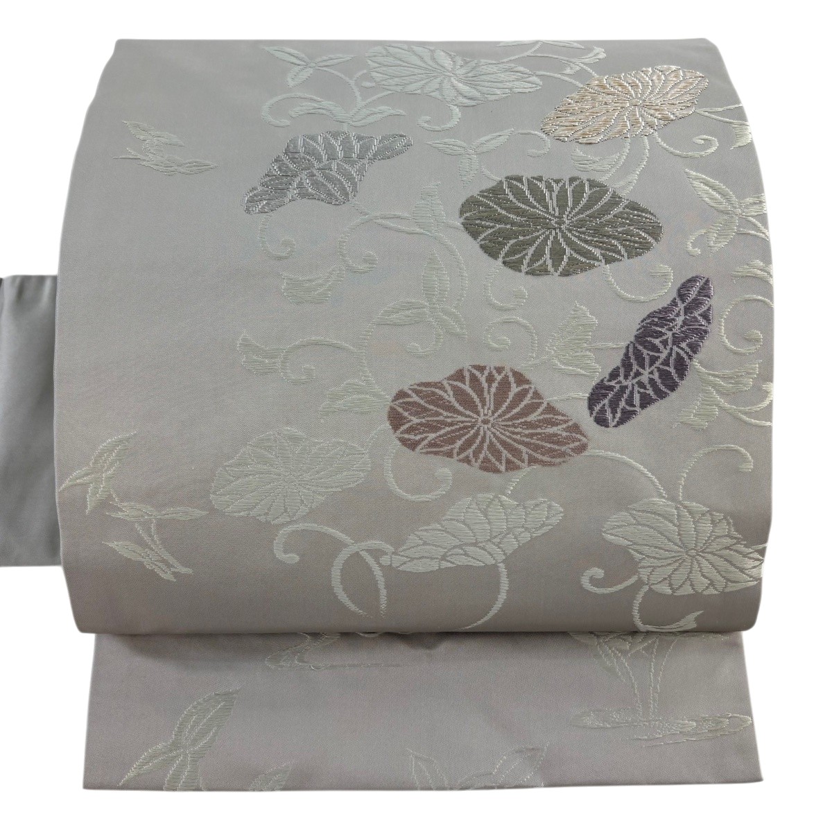 名古屋帯 秀品 花唐草 流水 唐織 灰色 正絹 【中古】