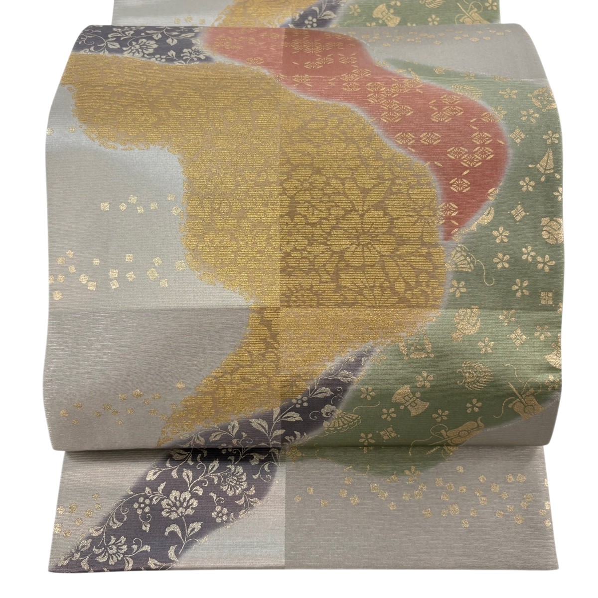 【美品】 袋帯 秀品 花唐草 宝尽くし 金彩 灰色 六通 正絹 【中古】